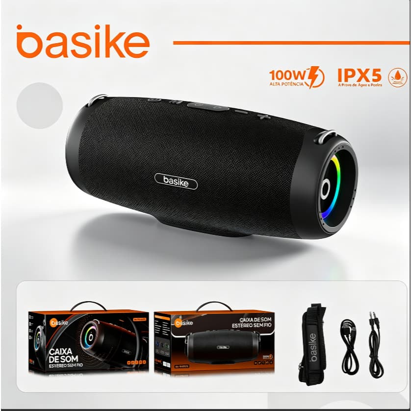 BASIKE Caixa de Som Bluetooth 100W com Bateria 10000mAh - Som Estéreo Potente e Iluminação RGB - Ideal para Festas