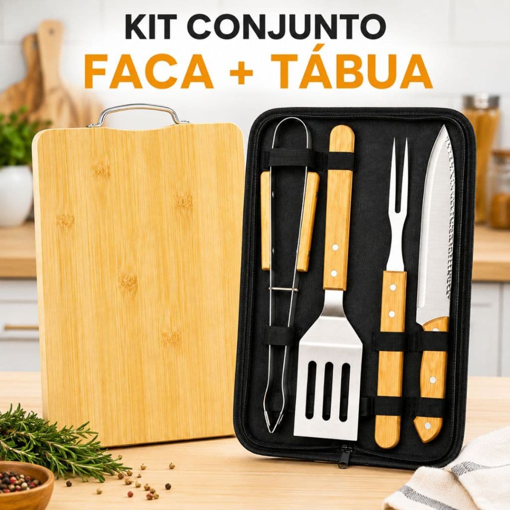 Kit Jogo De Facas Com Tábua Conjunto Estojo Completo Inox Bambu Moderno Cozinha Churrasco Carne