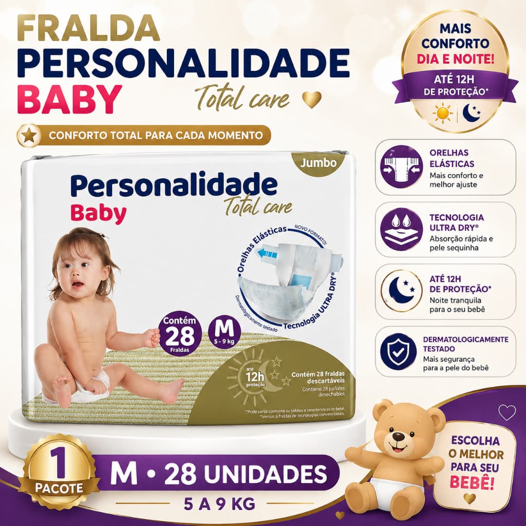 Fralda Personalidade Baby Total Care Jumbo M 28 Unidades