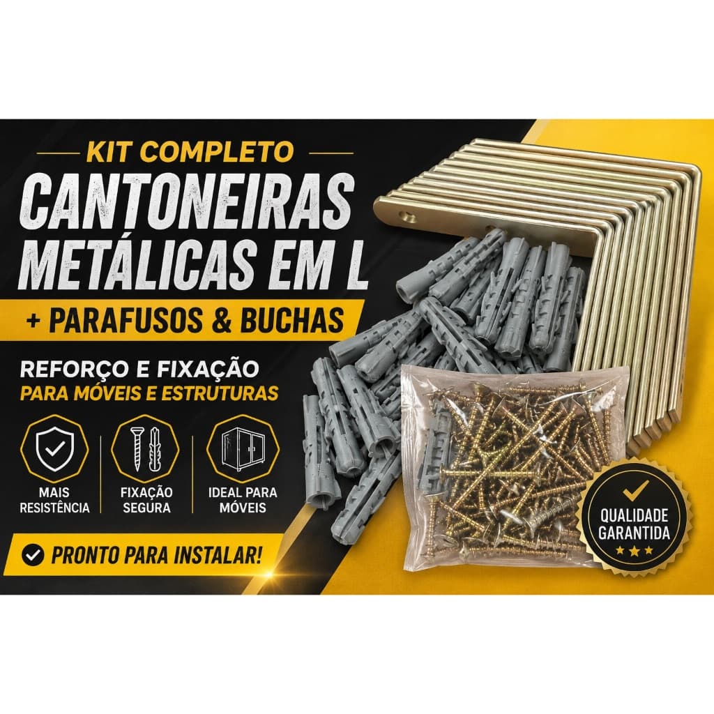 Kit de cantoneiras metálicas (em L, com furos para fixação) + parafusos & buchas pronto p/ instalar