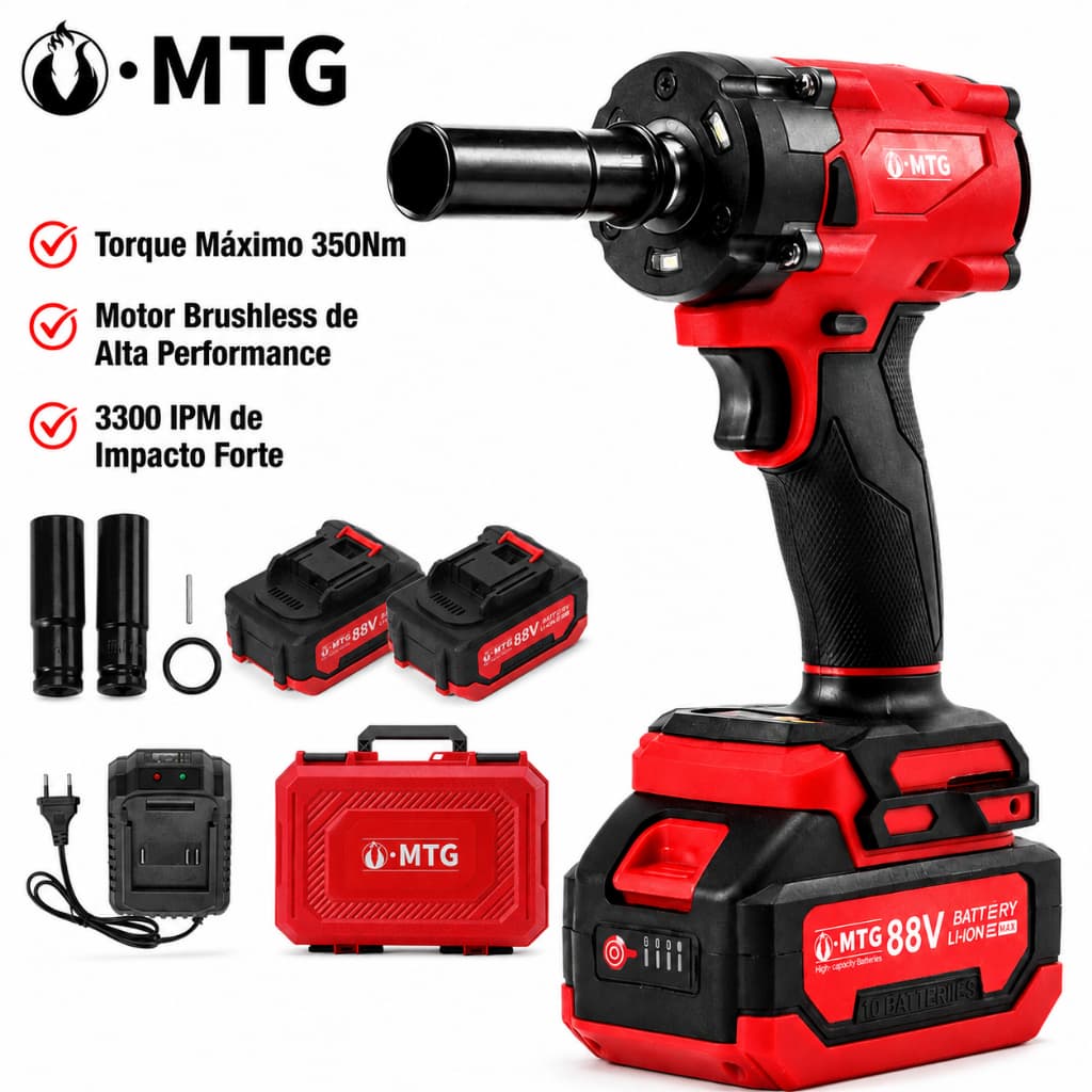 Chave de Impacto 88V 350Nm Sem Fio Brushless Profissional com Bateria Lítio, Carregador Rápido