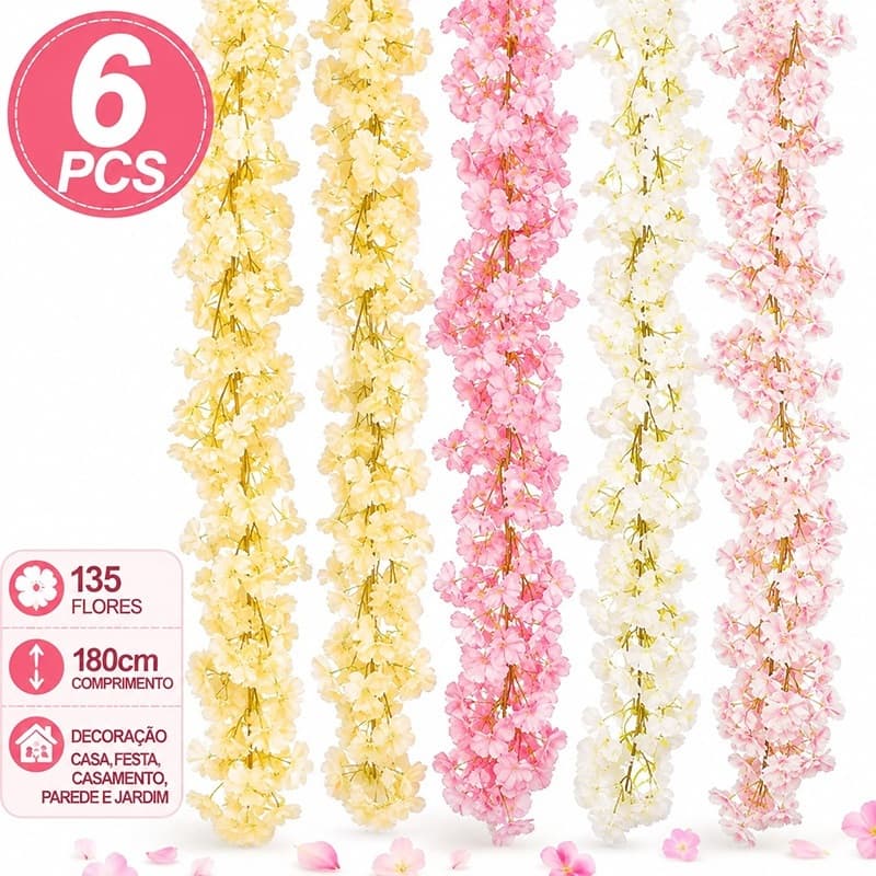 Kit 6 Flores Artificiais Cerejeira Trepadeira 180cm/135 Flores Para Decoração Casa Festa Casamento Parede Jardim