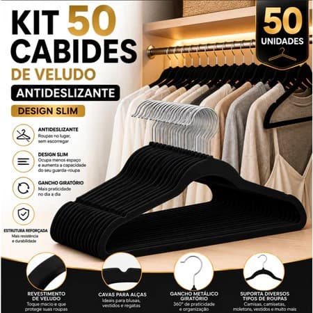 Cabide de Veludo Slim Antideslizante Preto Kit 10 20 30 40 ou 50 Unidades Gancho Metálico Giratório