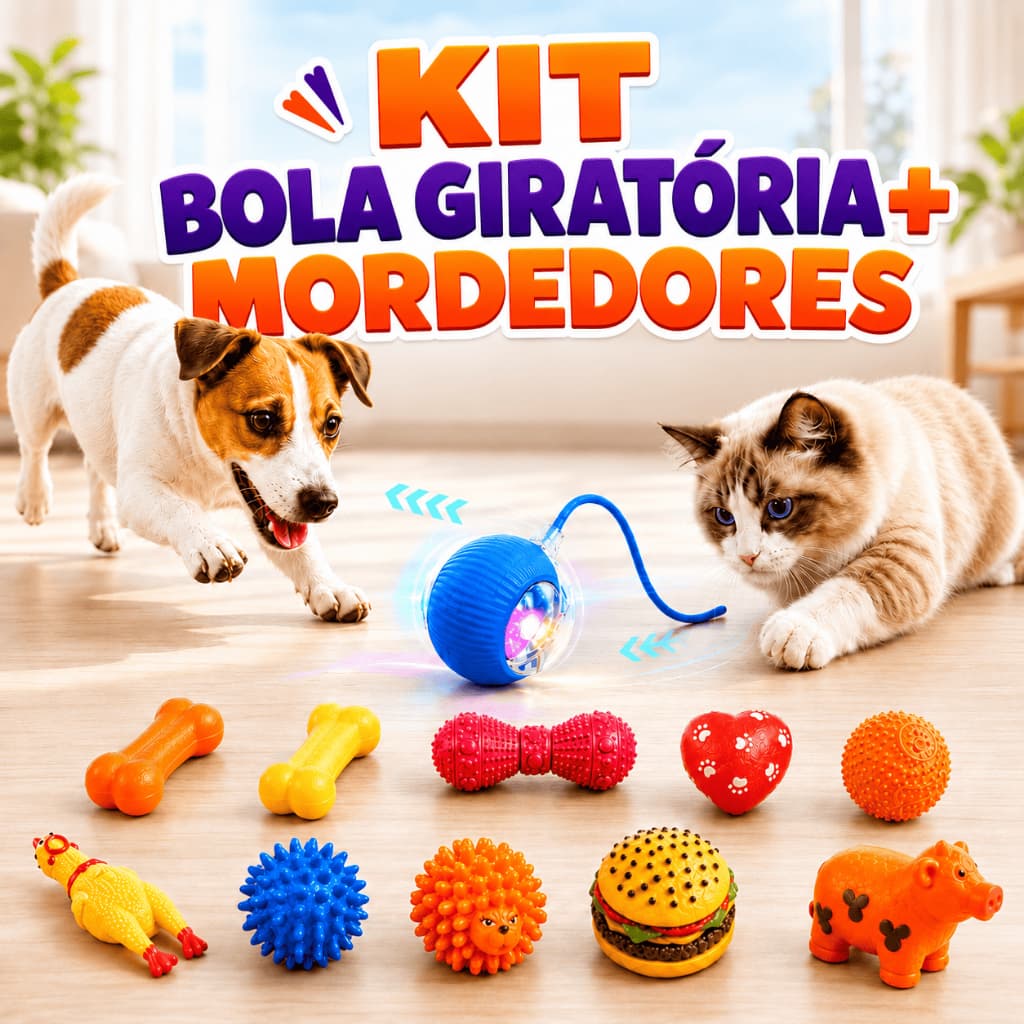 Kit Brinquedo Pet Mordedor com Apito e Bola Inteligente Automática LED Recarregável USB Cães e Gatos