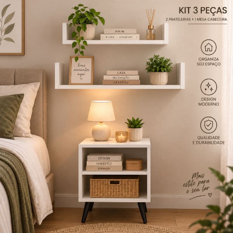 Kit 3 Peças 1 Mesa Cabeceira + 2 Prateleiras U MDF Branco 15mm Criado Nicho Decorativo