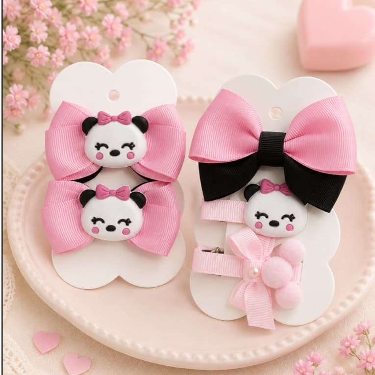 Kit Parzinho De Laço Tema Panda Menina Bico De Pato Chiquinha Cabelo Fita Gorgorão Luxo
