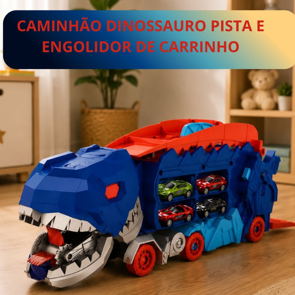 Caminhao Dinossauro Engolidor de Carrinho e Pista 4 Mini Carros de Liga Metalica