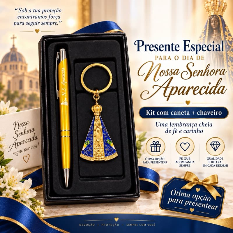 Kit Presente Nossa Senhora Aparecida | Caneta + Chaveiro em Caixa | Presente 12 de Outubro