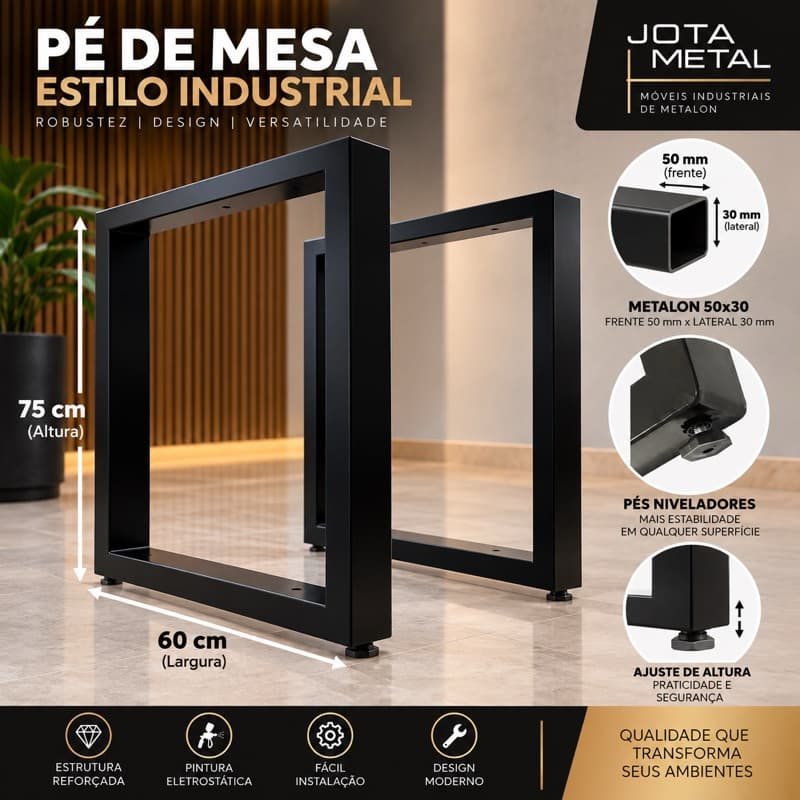 Par de Pés de Mesa Industrial em Metalon 50x30 Preto 75x60cm com Pés Niveladores