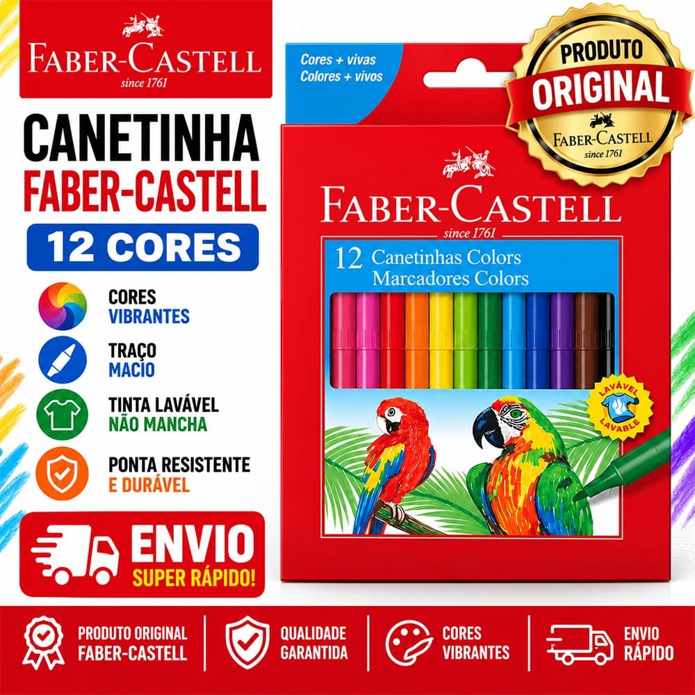 Canetinha Hidrográfica Faber Castell 12 Cores Lavável Ponta Média Estojo Escolar Original Infantil