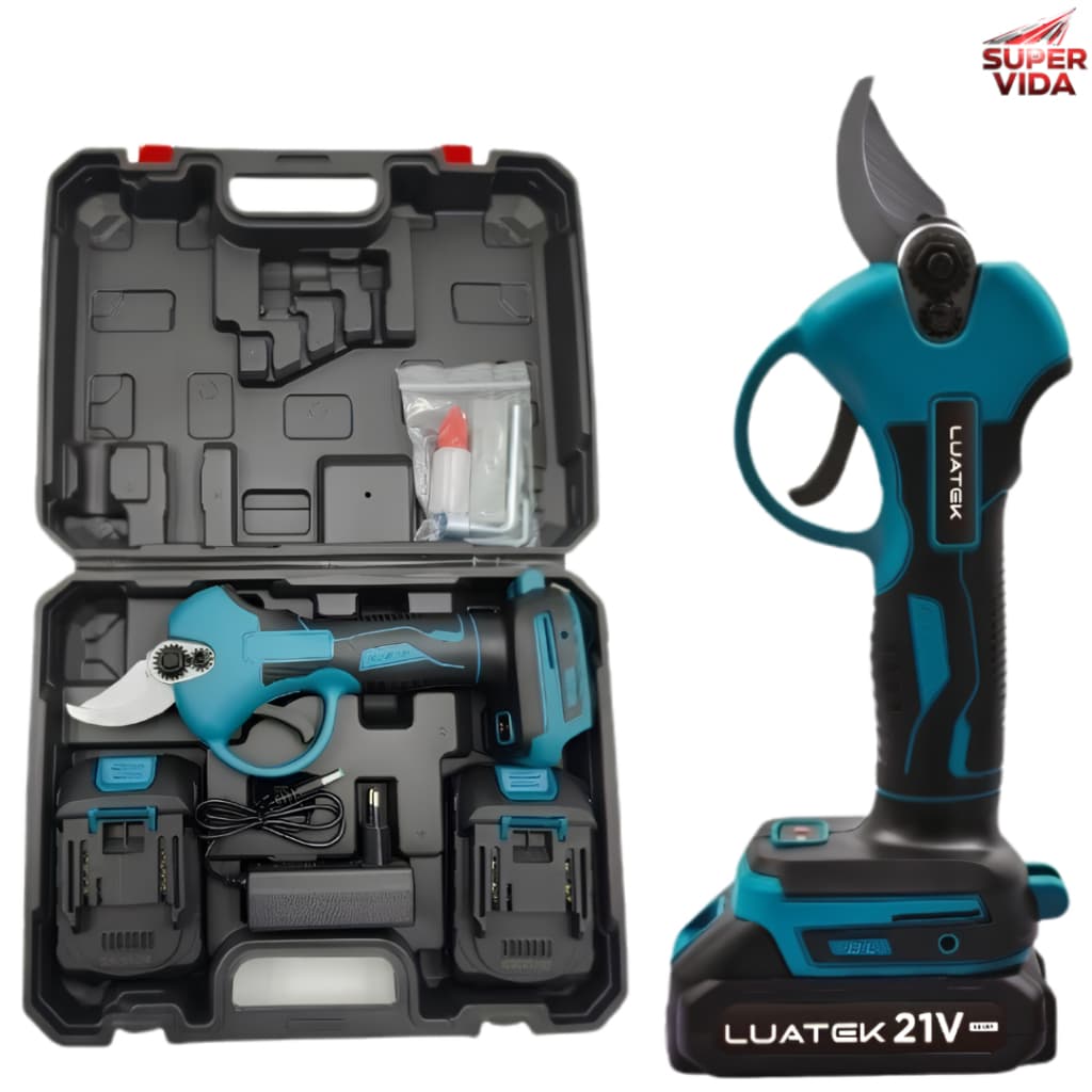 Tesoura de Poda Elétrica Luatek 21V Bateria Bivolt 25mm Kit Completo com 2 Baterias Maleta