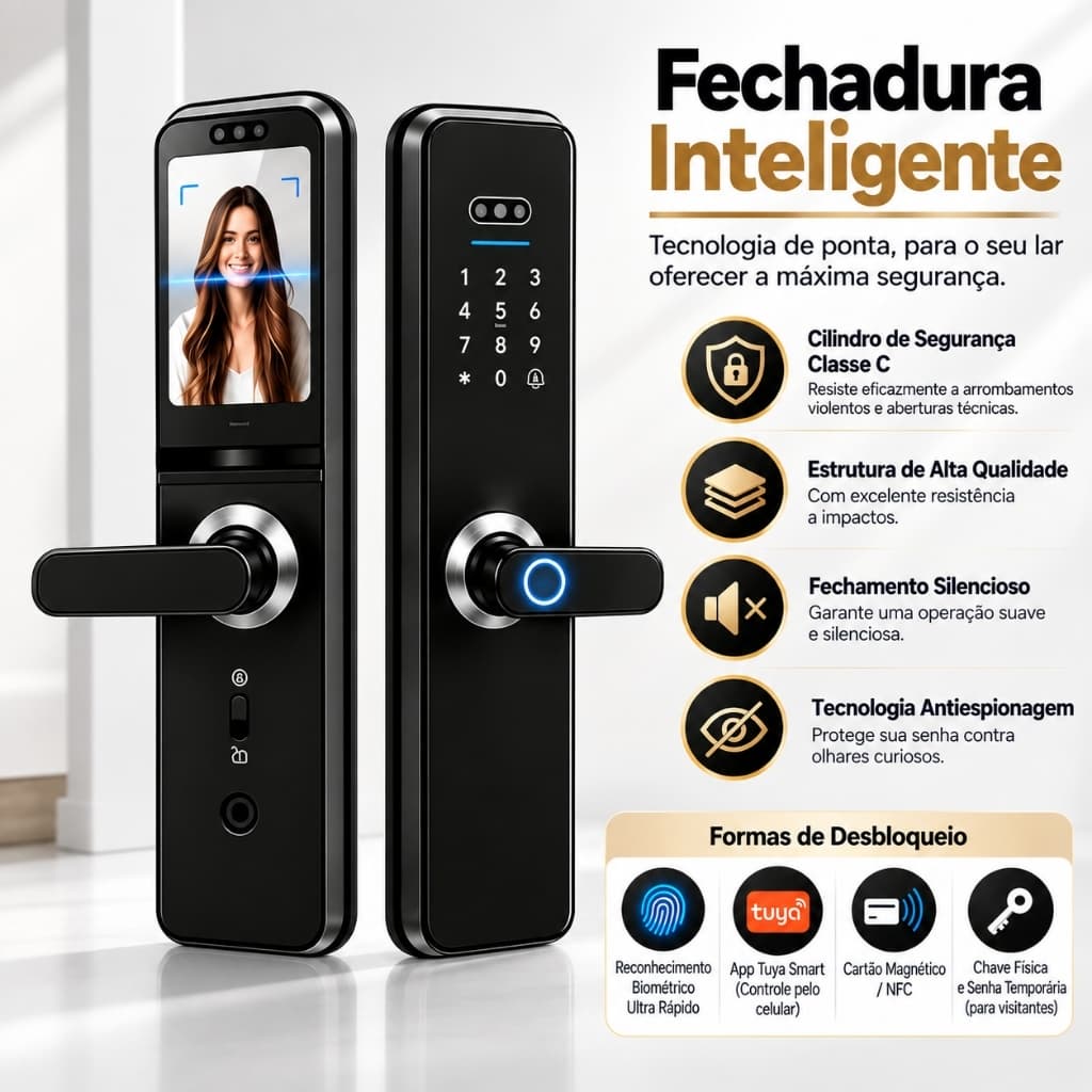 Fechadura Eletrônica Smart Door com Impressão Digital, Senha, Cartão NFC e Chave Mecânica fang