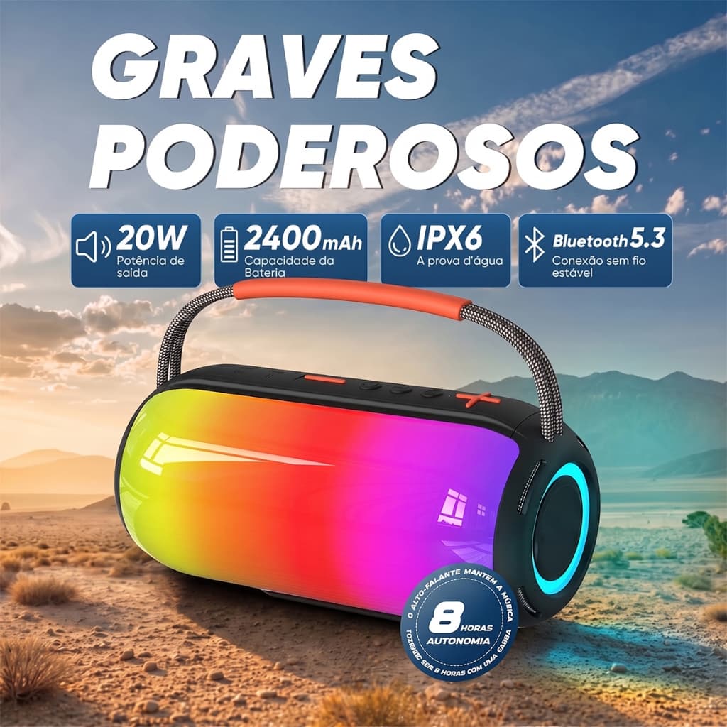 Caixa de Som Bluetooth Graves Potentes Som Estéreo Longa Duração da Bateria Ideal para Festa em Família RGB IPX6