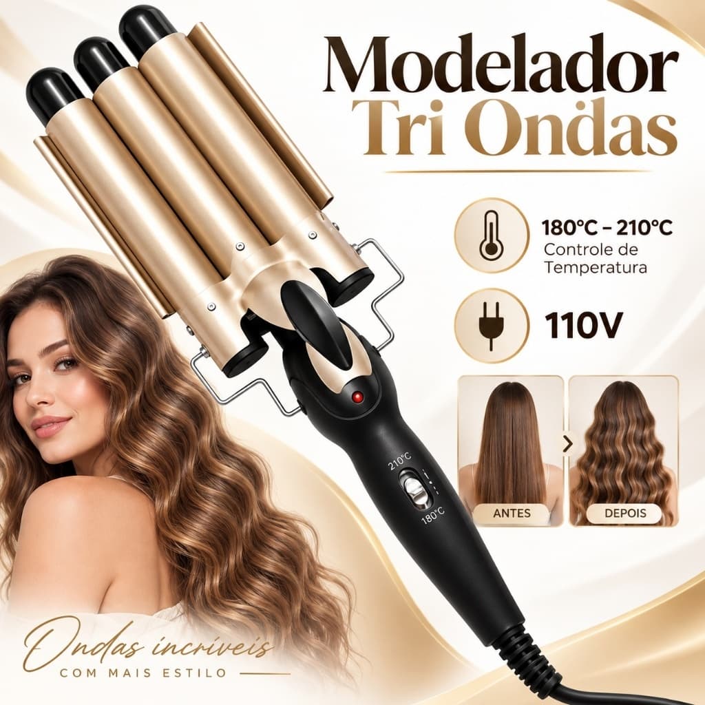Modelador de Cachos Tri Ondas 110V 3 Tubos com Controle de Temperatura 180°C a 210°C para Cabelo