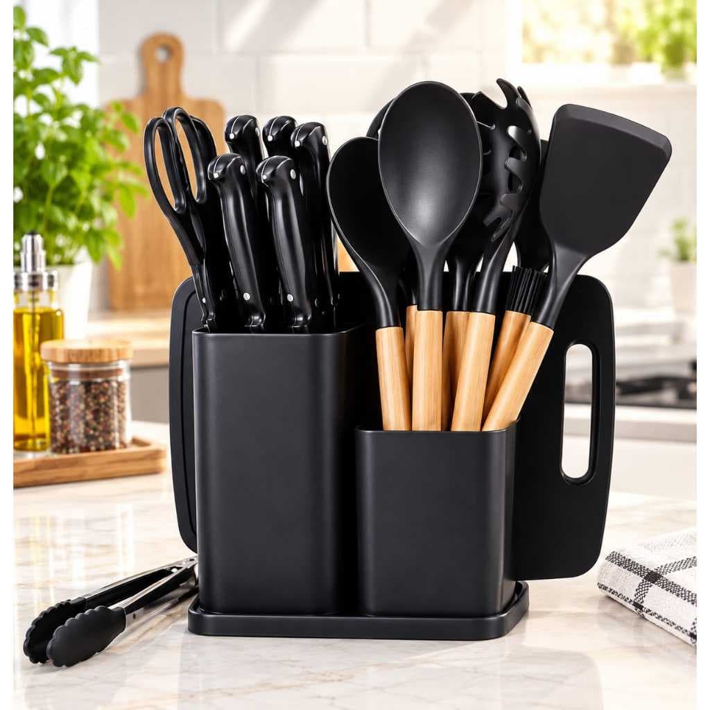 Kit Premium de Utensílios de Cozinha em Silicone 19 Peças com Facas, Tábua e Suporte Organizador