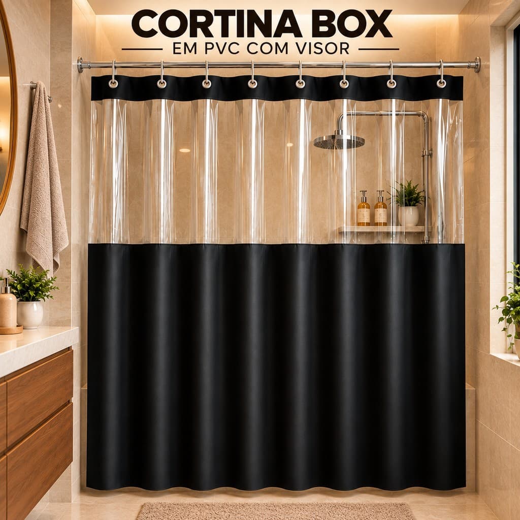 Cortina Box Banheiro com Visor Diversas Cores Gancho PVC Antimofo Impermeável