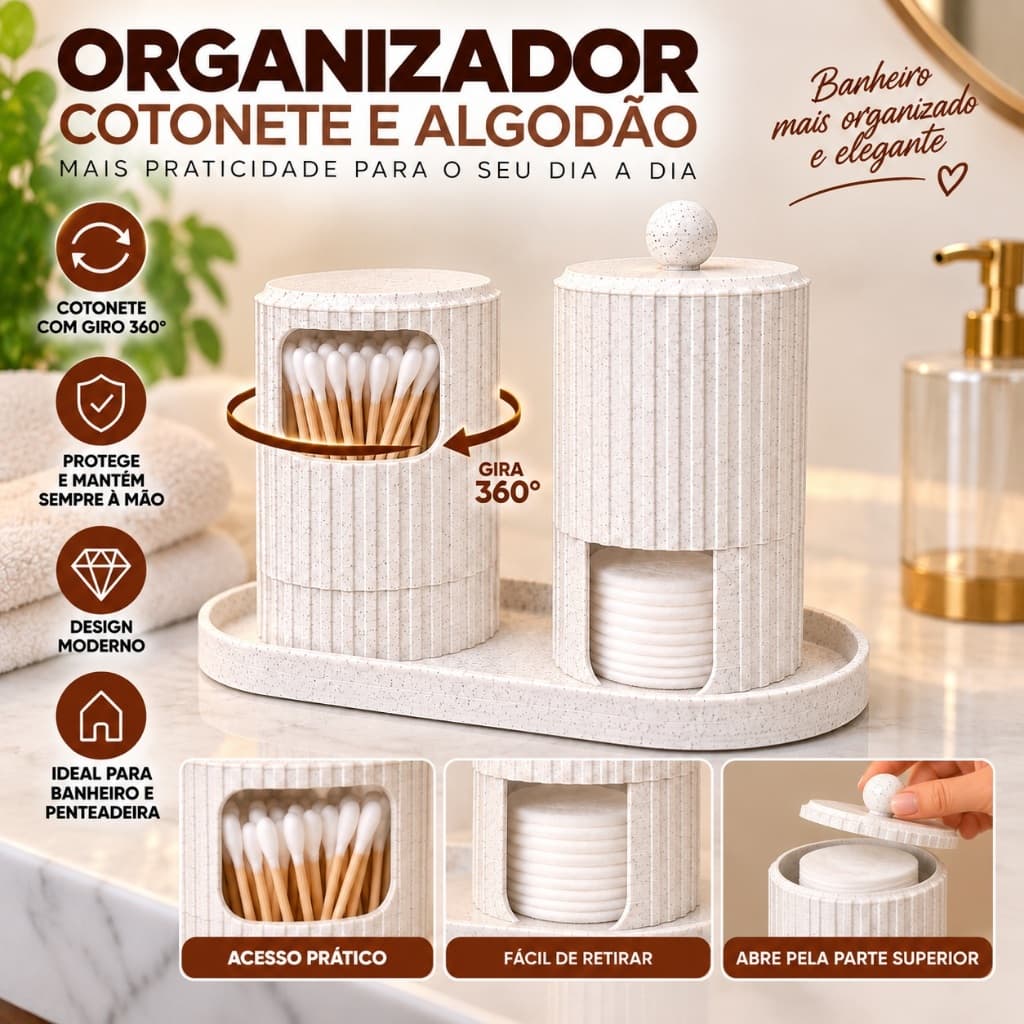 Kit Porta Cotonete e Algodão Bandeja Canelado Organizador Banheiro Pia Decoração Luxo Presente Lavabo Giratório