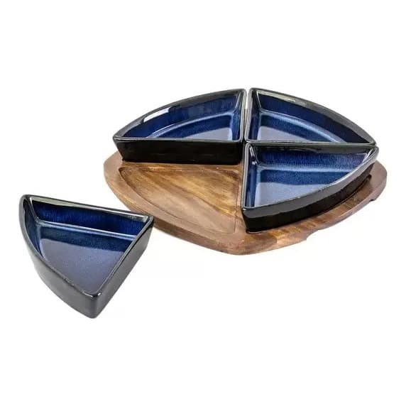 Porta Aperitivos De Ceramica Azul E Base De Madeira - 4 Pcs