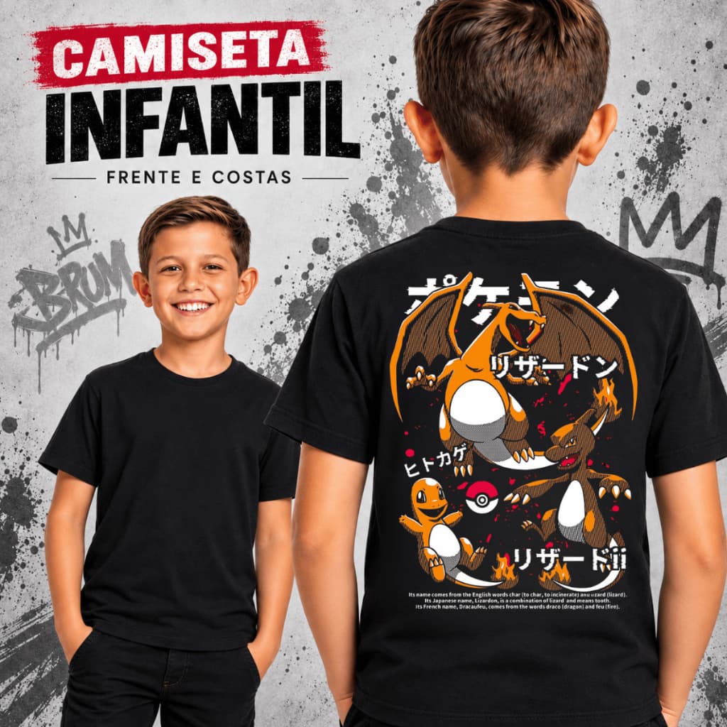 Camiseta Infantil Menino 100% Algodão Estampa Anime Gamer Pokémon Pikachu e Amigos