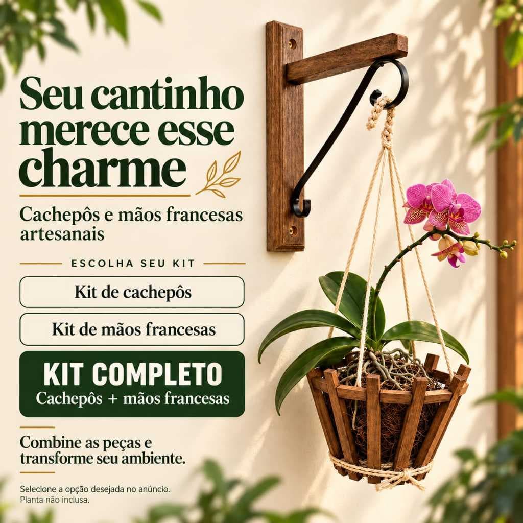 Kit Cachepot Para Plantas + Mão Francesa Vaso De Planta Suspenso Redondo Reforçado Para Flores Ervas Suculentas Orquídea