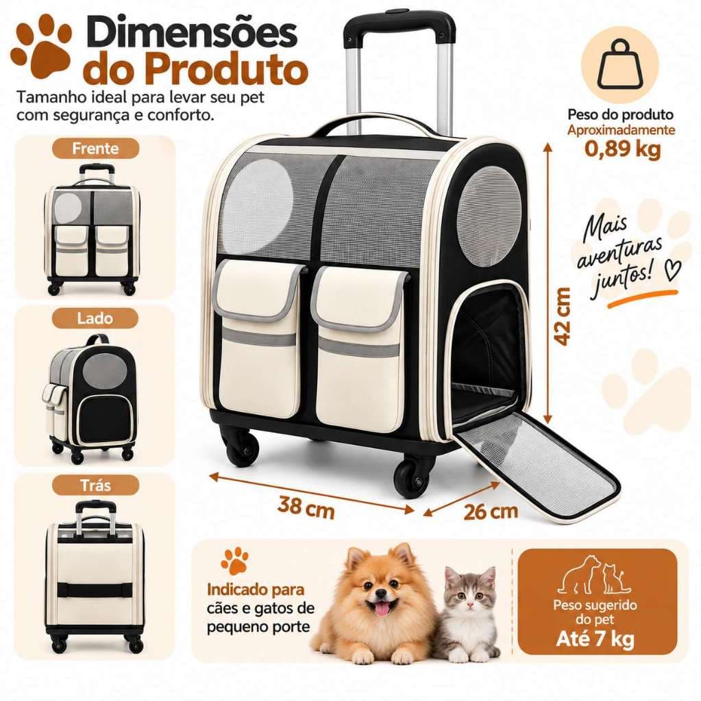 Mochila Pet com Rodinhas 360° para Gatos e Cachorros, Bolsa de Transporte Pet Multifuncional, Mala para Viagem e Passeio
