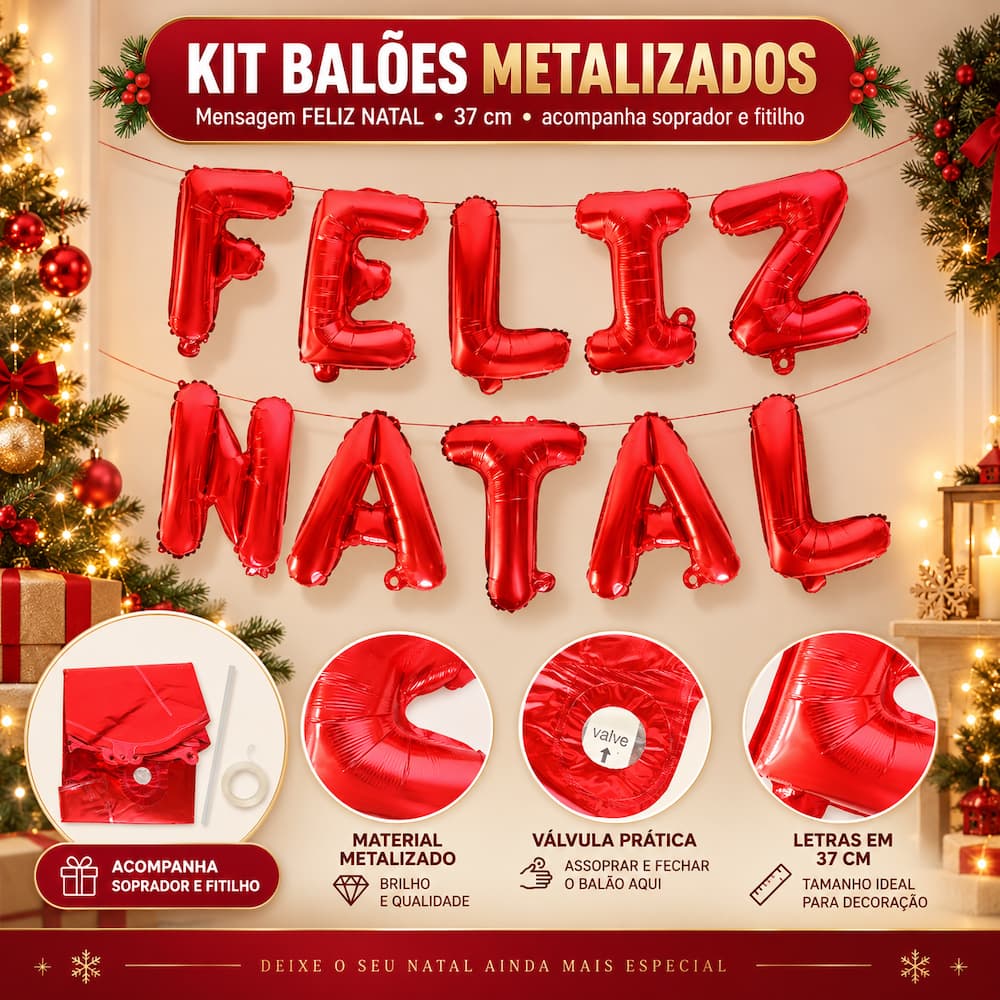 Kit Balões Metalizados Feliz Natal Vermelho 37cm com Fitilho e Soprador