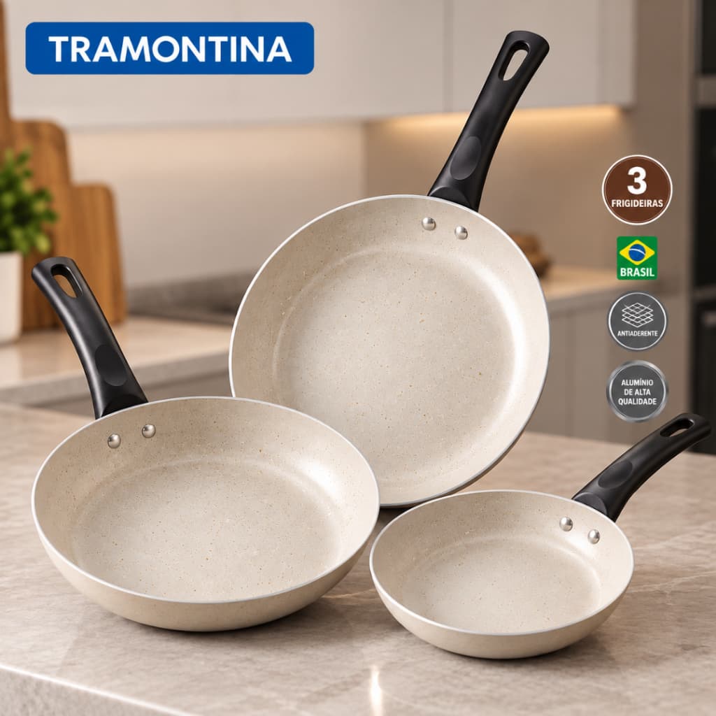 Jogo De Frigideiras Tramontina 3 Peças Antiaderente Caribe Bege Kit 3 Frigideiras Tramontina 16cm 20cm 24cm Conjunto