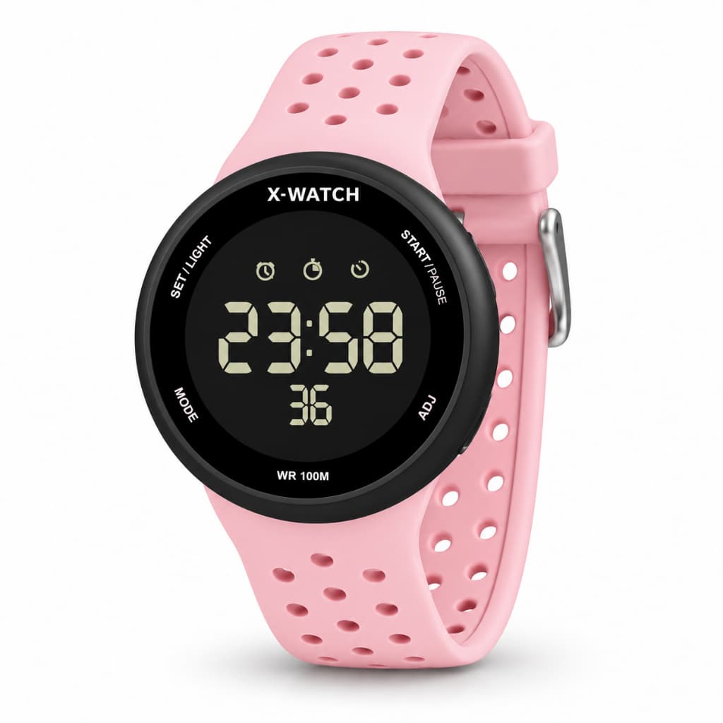 Relógio X-Watch Digital XFPPD060W PXRX Preto e Rosa 43mm Silicone 10ATM Alarme Cronômetro Timer