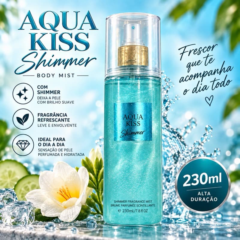 Body Splash Aqua Kiss Shimmer 230ml Perfumado com Glitter Brilho Corporal Fragrância Refrescante