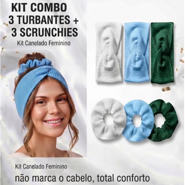 Kit 3 Turbantes Feminino + 3 Scrunchie Canelado Faixa Tiara Xuxinha Não Marca o Cabelo