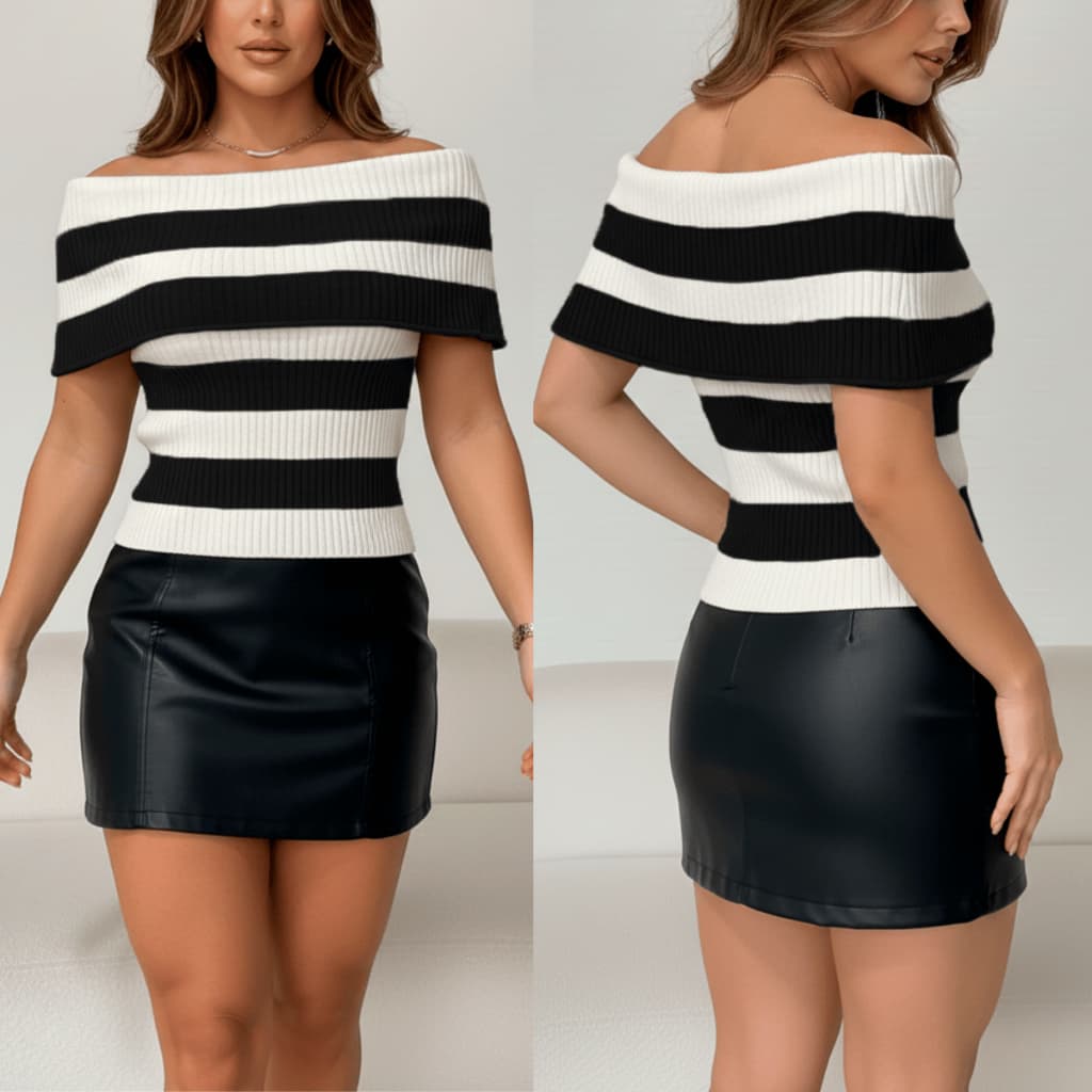 Blusa Ombro a Ombro Feminino Elegante Listrado Canelado Tricot Premium Encorpado Modal Moda Casual