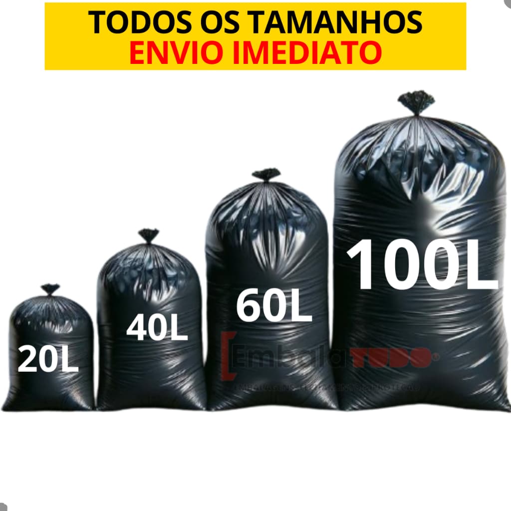 Saco Lixo Resistente 100L - 60L - 40L -20L Preto pacote com 100 Unidades Plastico Alta Qualidade