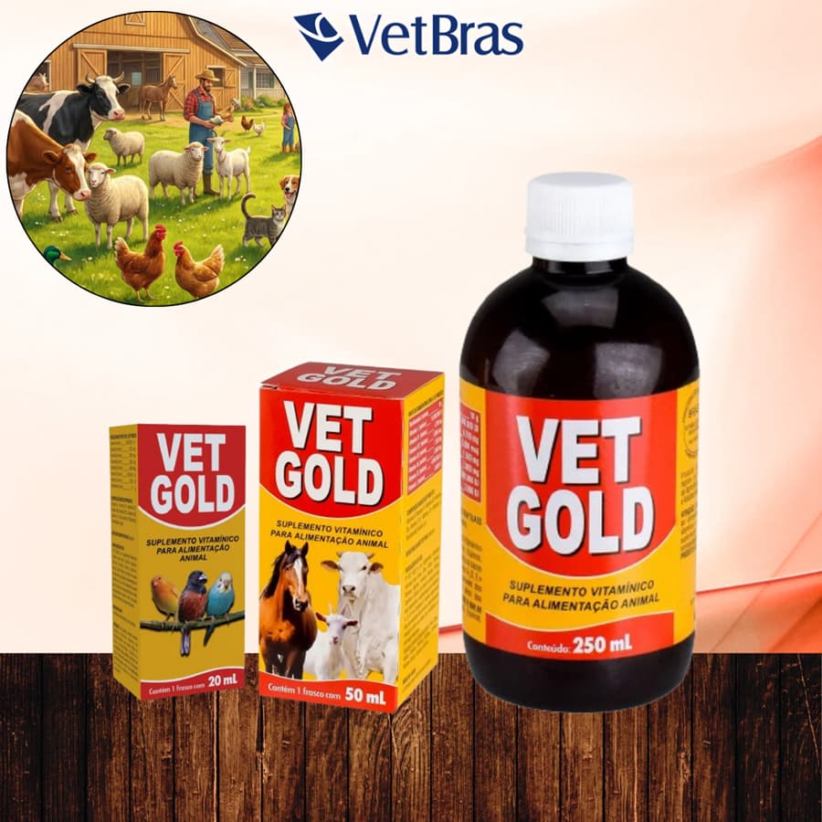Vet Gold Suplemento animal Vitaminas p/ cães Gatos equinos passarinhos gados aves - Vetbras