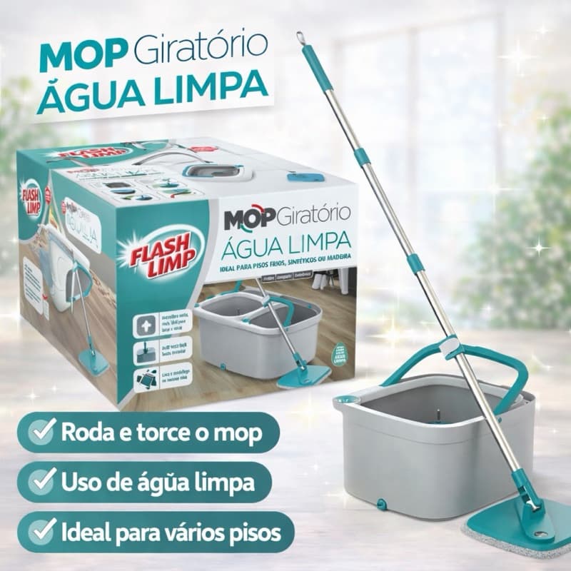 Mop Giratorio Agua Limpa com Microfibra Balde Com Separador de Agua Limpa e Suja 3L Flashlimp