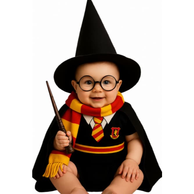 Body Bebe Mesversario Fantasia Infantil Tematico Bruxo Harry Potter Completo com Acessório