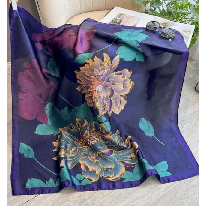Lenço Cetim Seda Estampa Floral Azul Rosa Verde