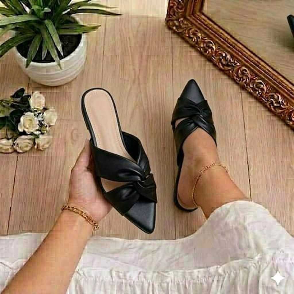 Rasteirinha Feminina Chinelo Confortável Luxo Preto Elegante Sapato Feminino Rasteira Bico Fino