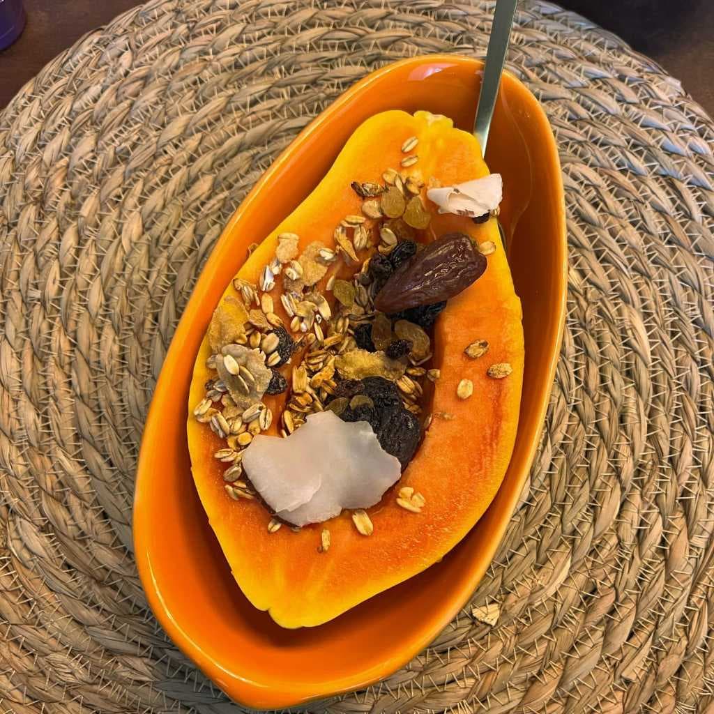 Bowl, cumbuca, tigela formato mamão, cerâmica, cor verde e laranja, linda, Majestosa Casa.