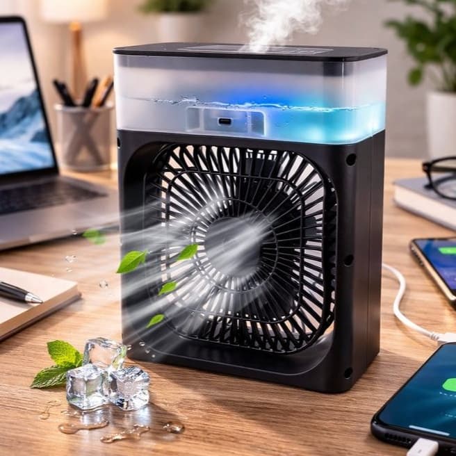 Ventilador Climatizador Portátil USB 400ml com Névoa, Preta 10W
