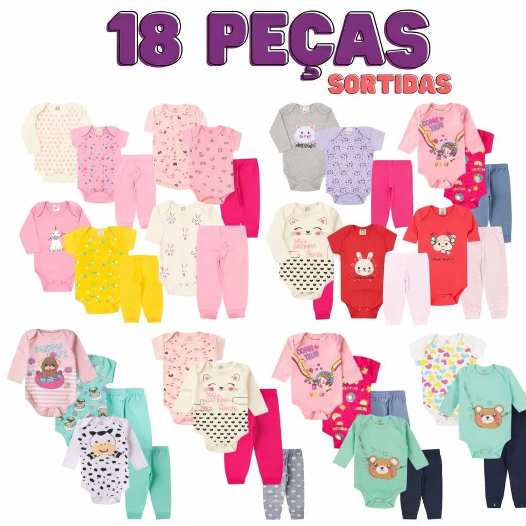 Kit 18 Peças Body Bebê Menina 6 Kits de 3 Peças Verão Infantil Manga Longa (Ideal para presente)