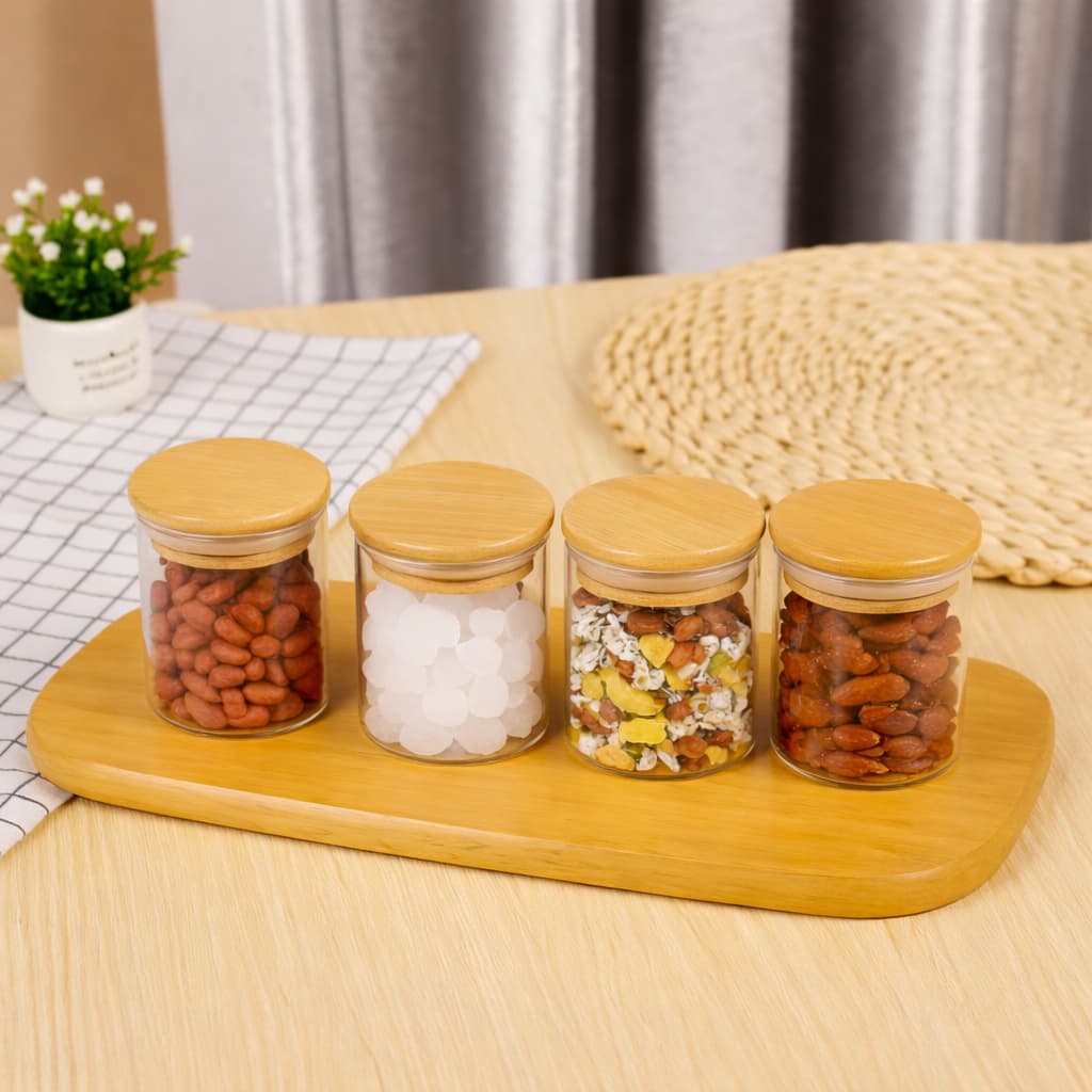 Kit 4 Pote De Vidro Mantimentos 300ml Alta Vedação Cozinha Organização Tampa de Bambu Dupla Vedação