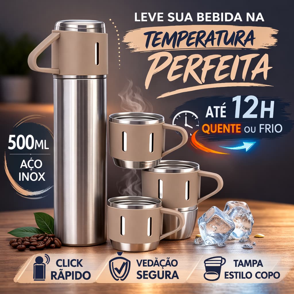 Jogo de Garrafa Térmica 500ML+ 3 Xícaras Aço Inoxidável - Bege