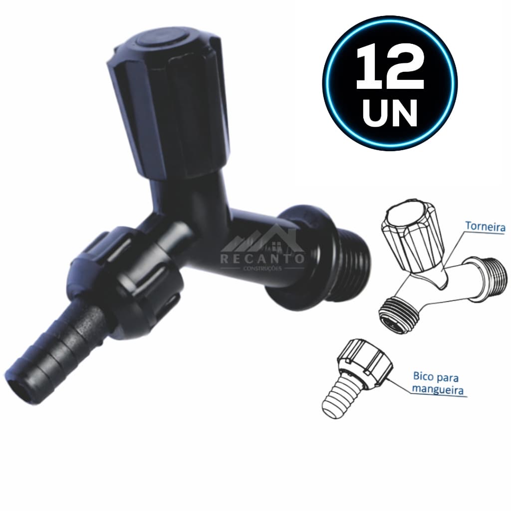 Kit com 12 Torneiras de Jardim/Tanque Plástica Preta 1/2" Com ou Sem Adaptador Bucha 3/4 - Plasbohn