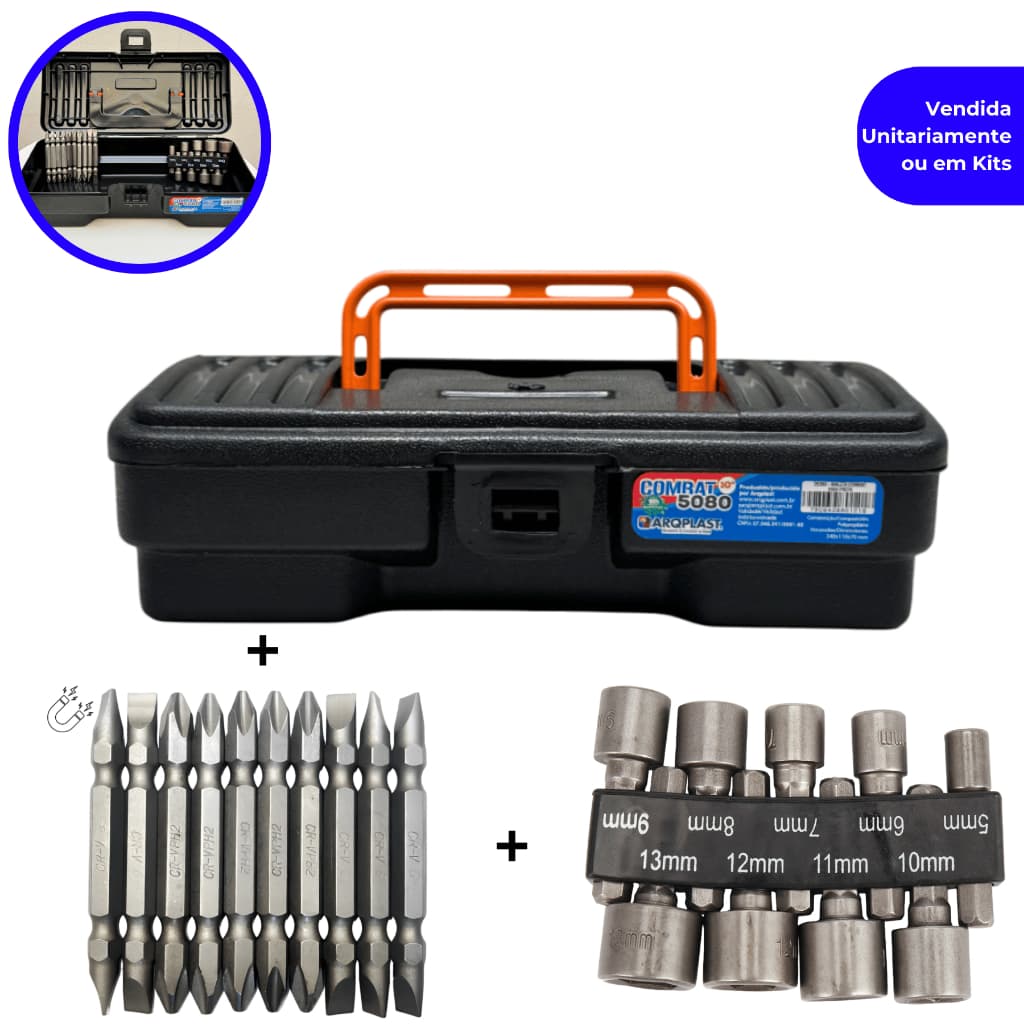Kit ou Unitário Maleta + 9 Soquetes 5 A 13mm + Kit 10 Ponteiras Bits Ponteira Fenda Philips Canhão