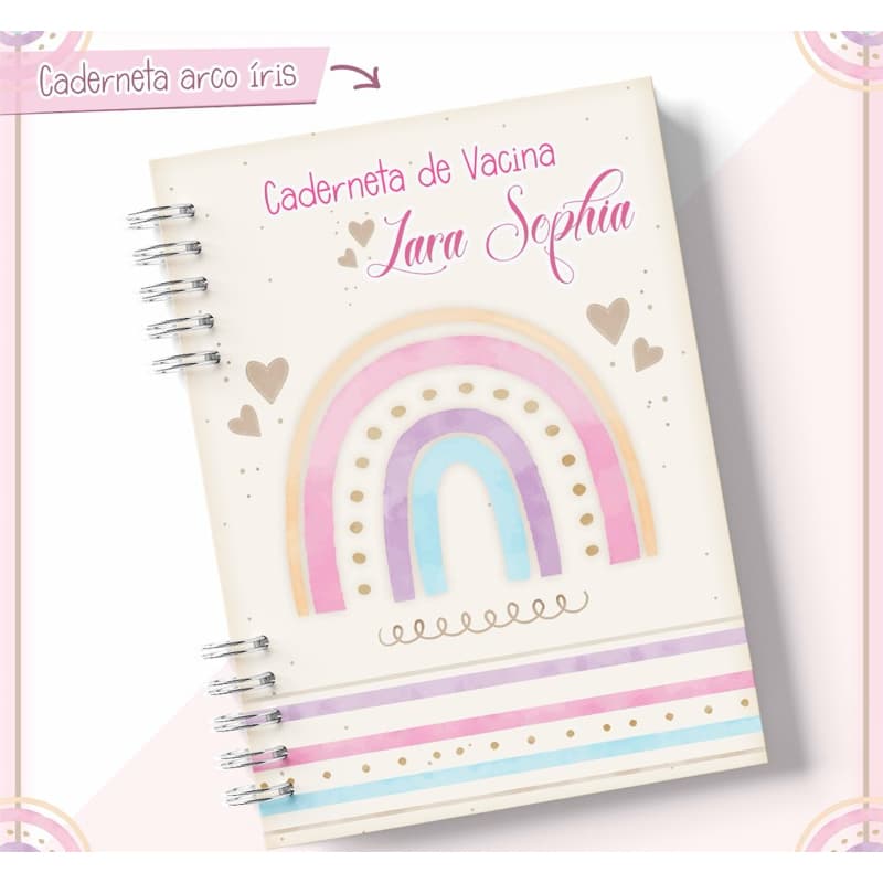 Caderneta de Vacinação Infantil Personalizada com Nome Ursinha Fofa Pássaro Arco Íris Coração Flores