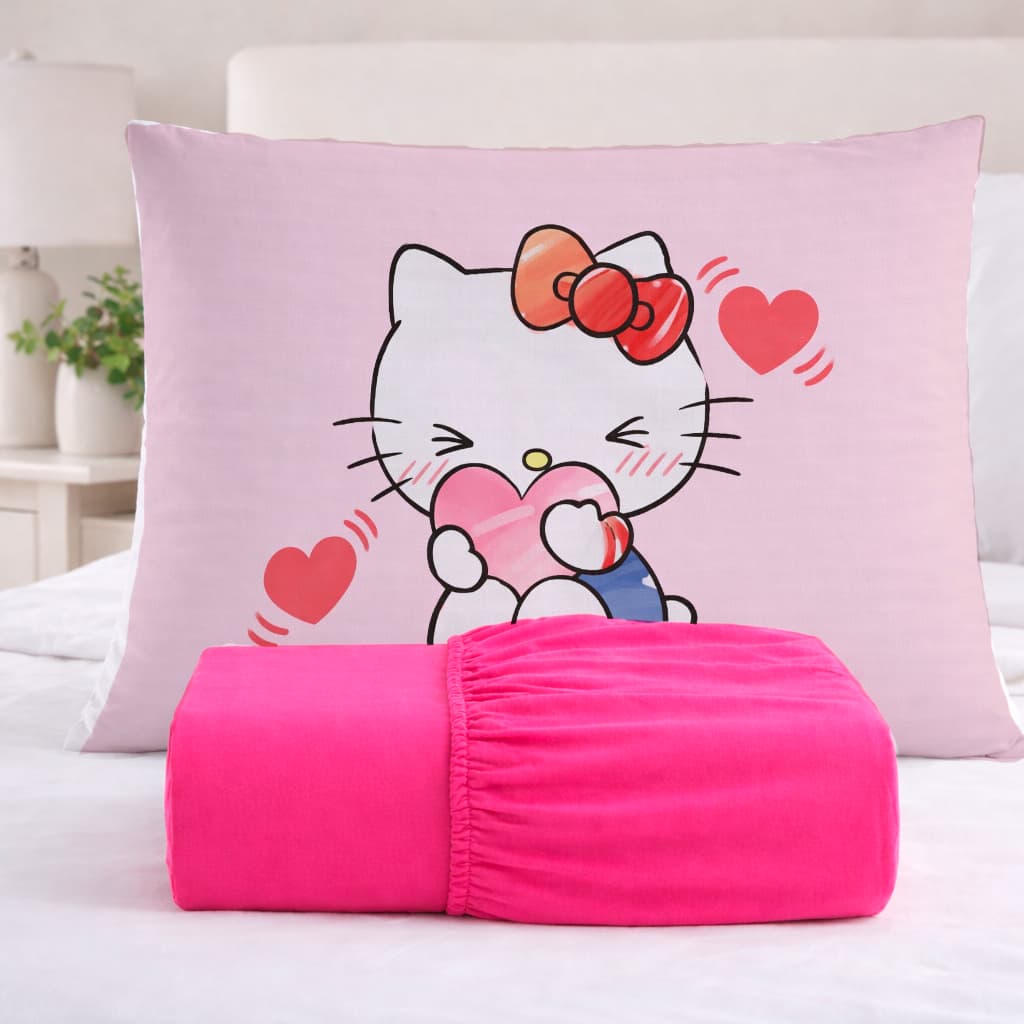 JOGO DE  LENÇOL SOLTEIRO INFANTIL HELLO KITTY CORAÇÃO LAÇO FOFO 3 PEÇAS  400 FIOS MICROPERCAL