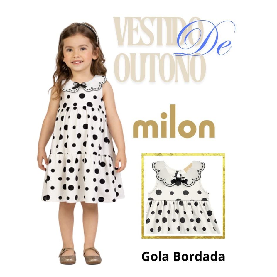 Vestido Infantil Menina Póa Milon,com gola bordada e laço ,em tecido de algodão,coleção outono 2026.