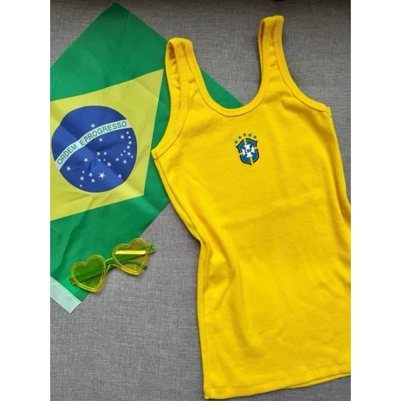 Camisa Brasil Regata do Brasil Feminina Tecido Ribana Canelado Moda Gringa Copa do Mundo