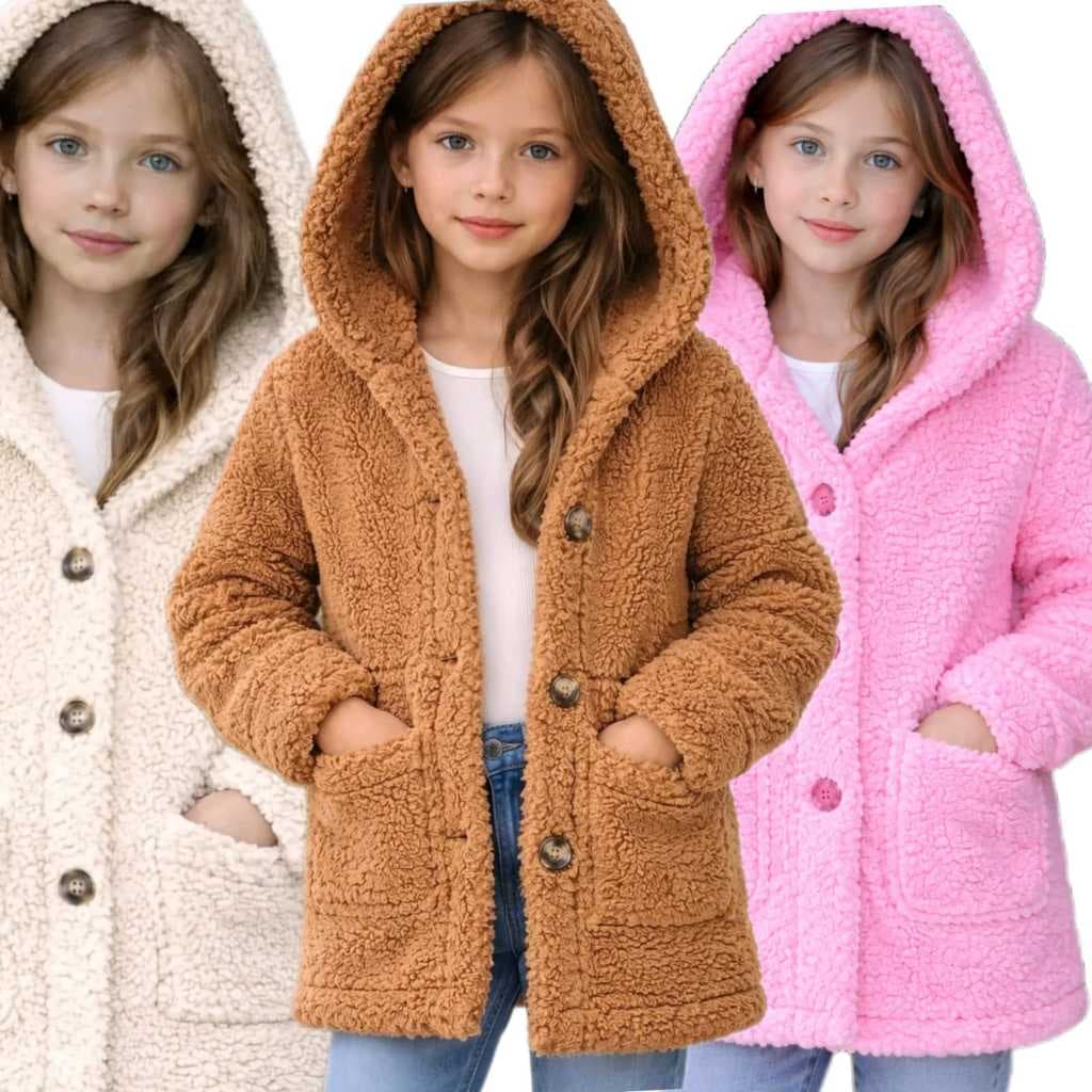 Casaco Infantil Teddy Com Capuz Inverno 2026 | Blusa Peluciada Quentinha Com Bolso e Botões 4 ao 16 Juvenil Feminino