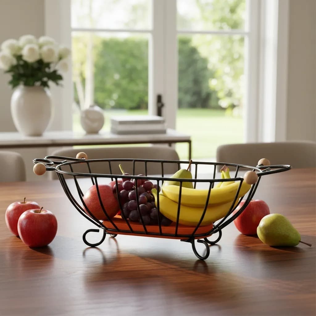 Fruteira de mesa artesanal ferro e madeira
